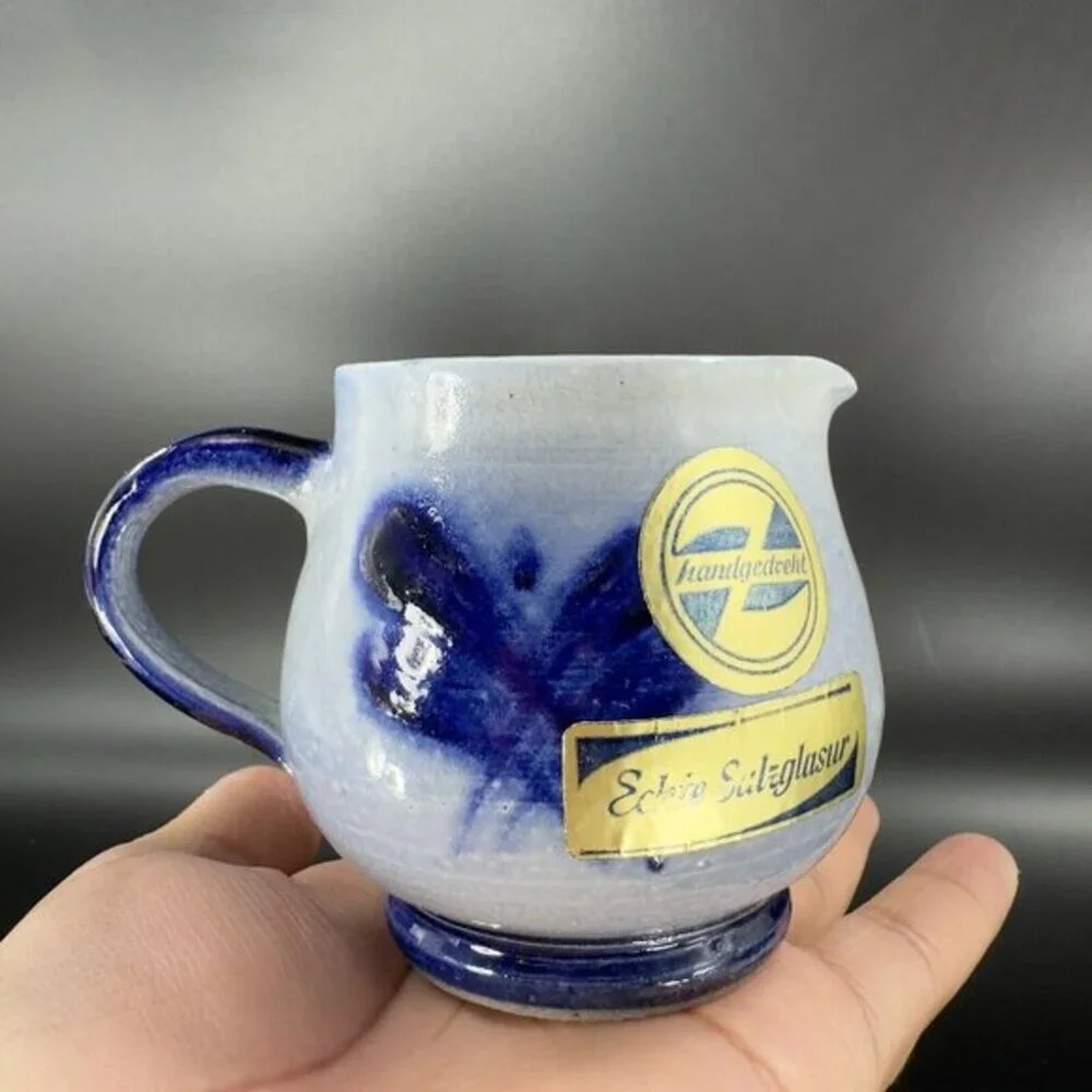 Vintage‎ German Salt Glaze Cobalt Blue Gray Small Pitcher Creamer With Stickers
